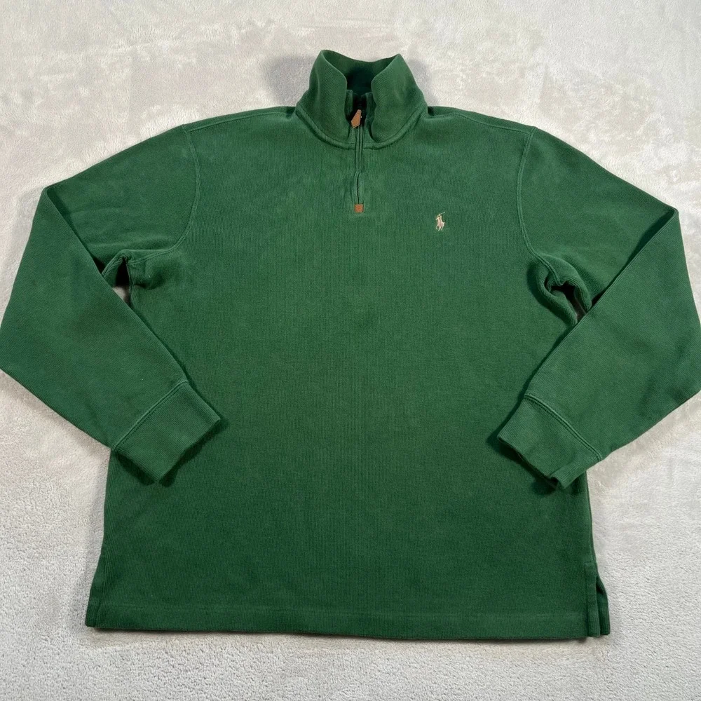 Polo Ralph Lauren Sweater Mens Size Large Green Quarter Zip Pullover Cotton 90s